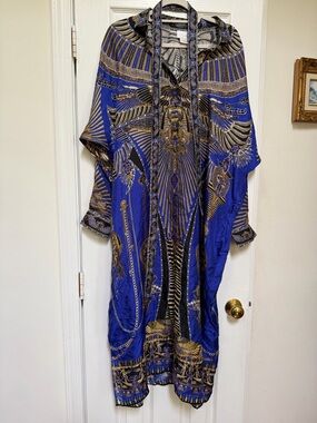 Camilla Egyptian-Inspired Bold Blue Kaftan Dress Gold Accents Size L/XL silk